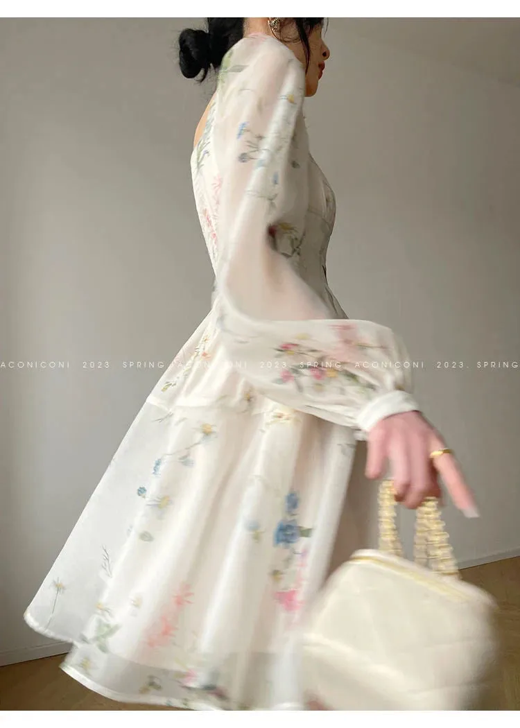 2023 Women's Dress French Elegant Flower Chiffon Party Evening Dress Beach Fairy Long Sleeve Korean Summer Plus Size Midi Dress