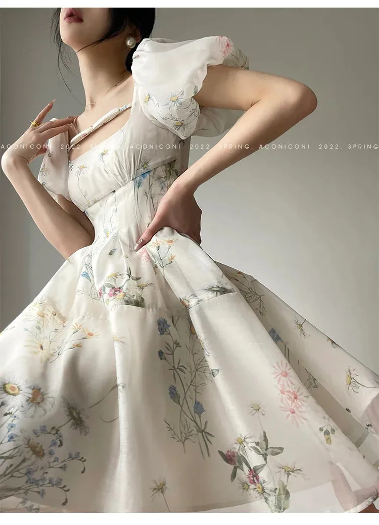 2023 Women's Dress French Elegant Flower Chiffon Party Evening Dress Beach Fairy Long Sleeve Korean Summer Plus Size Midi Dress
