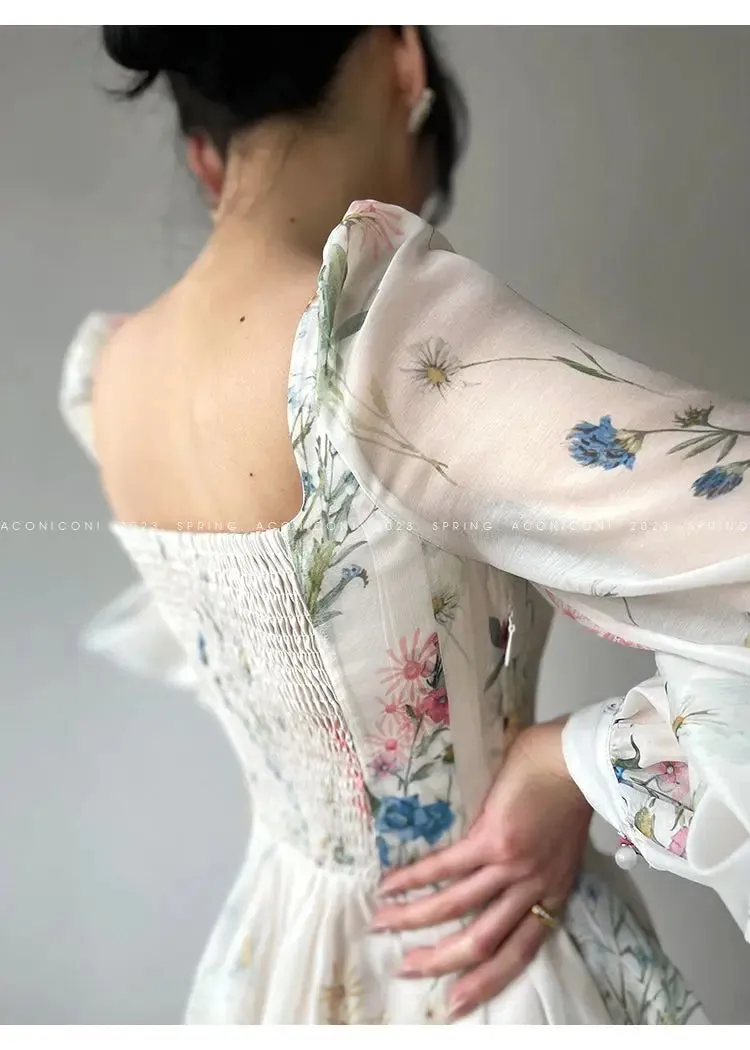 2023 Women's Dress French Elegant Flower Chiffon Party Evening Dress Beach Fairy Long Sleeve Korean Summer Plus Size Midi Dress