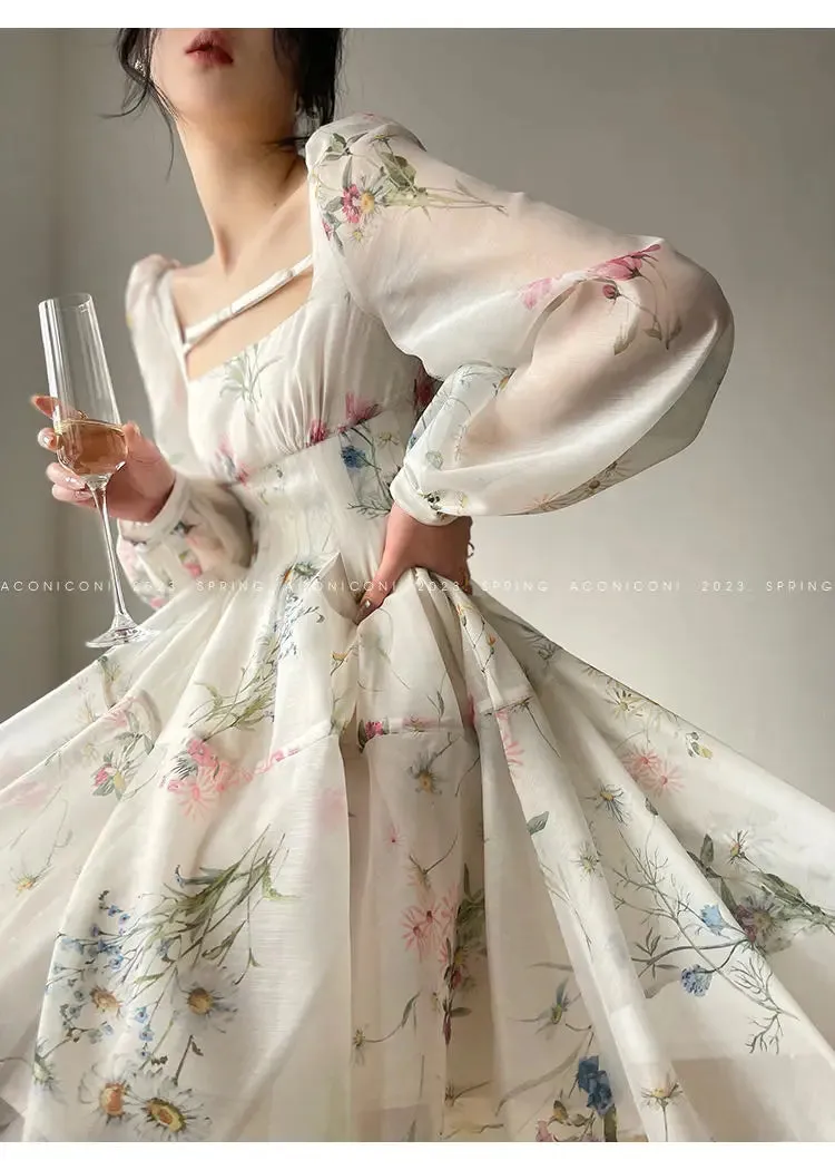 2023 Women's Dress French Elegant Flower Chiffon Party Evening Dress Beach Fairy Long Sleeve Korean Summer Plus Size Midi Dress