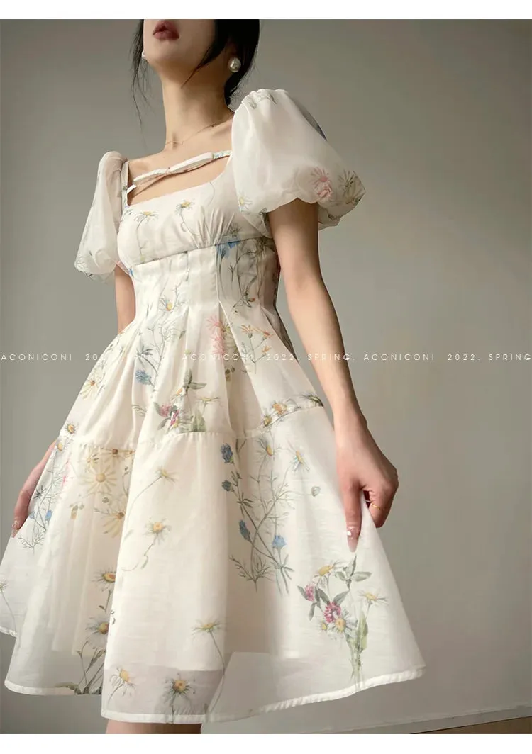 2023 Women's Dress French Elegant Flower Chiffon Party Evening Dress Beach Fairy Long Sleeve Korean Summer Plus Size Midi Dress