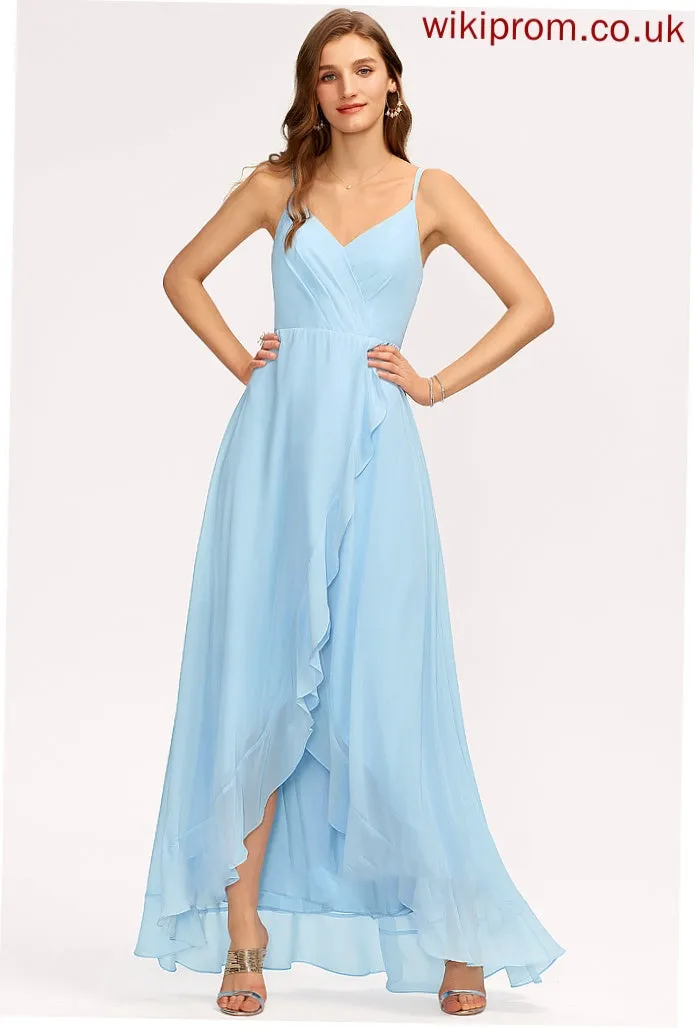 A-Line Length Fabric Asymmetrical Neckline Silhouette CascadingRuffles V-neck Embellishment Ximena A-Line/Princess V-Neck Bridesmaid Dresses