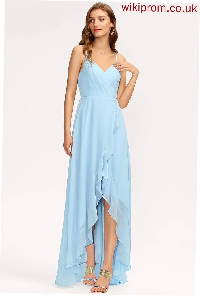 A-Line Length Fabric Asymmetrical Neckline Silhouette CascadingRuffles V-neck Embellishment Ximena A-Line/Princess V-Neck Bridesmaid Dresses