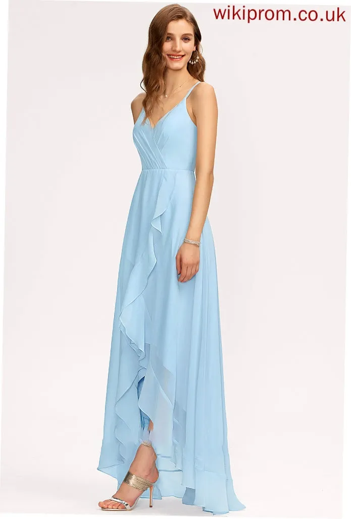 A-Line Length Fabric Asymmetrical Neckline Silhouette CascadingRuffles V-neck Embellishment Ximena A-Line/Princess V-Neck Bridesmaid Dresses