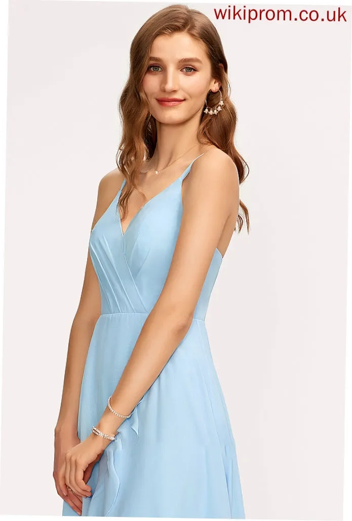 A-Line Length Fabric Asymmetrical Neckline Silhouette CascadingRuffles V-neck Embellishment Ximena A-Line/Princess V-Neck Bridesmaid Dresses