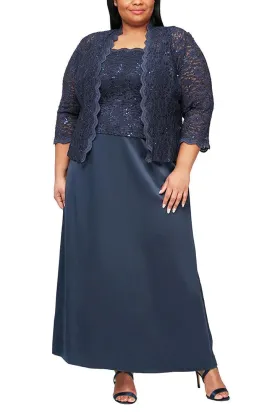 Alex Evenings Square Neck Lace Top A-Line Dress with 3/4 Sleeve Lace Jacket (2 Piece Set)