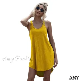 Amy Fashion - Loose Off Shoulder Asymmetrical Cotton Mini Dress