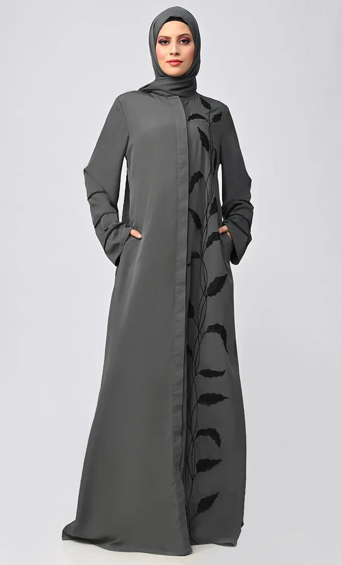 Arabic Grey Enchantress Embroidered Abaya With Pockets