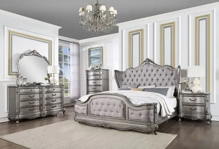 Arianna California King Bed, Velvet & Antique Platinum Finish