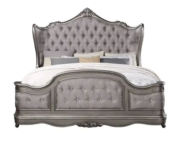 Arianna King Bed, Velvet & Antique Platinum Finish