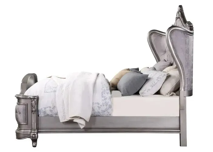 Arianna King Bed, Velvet & Antique Platinum Finish