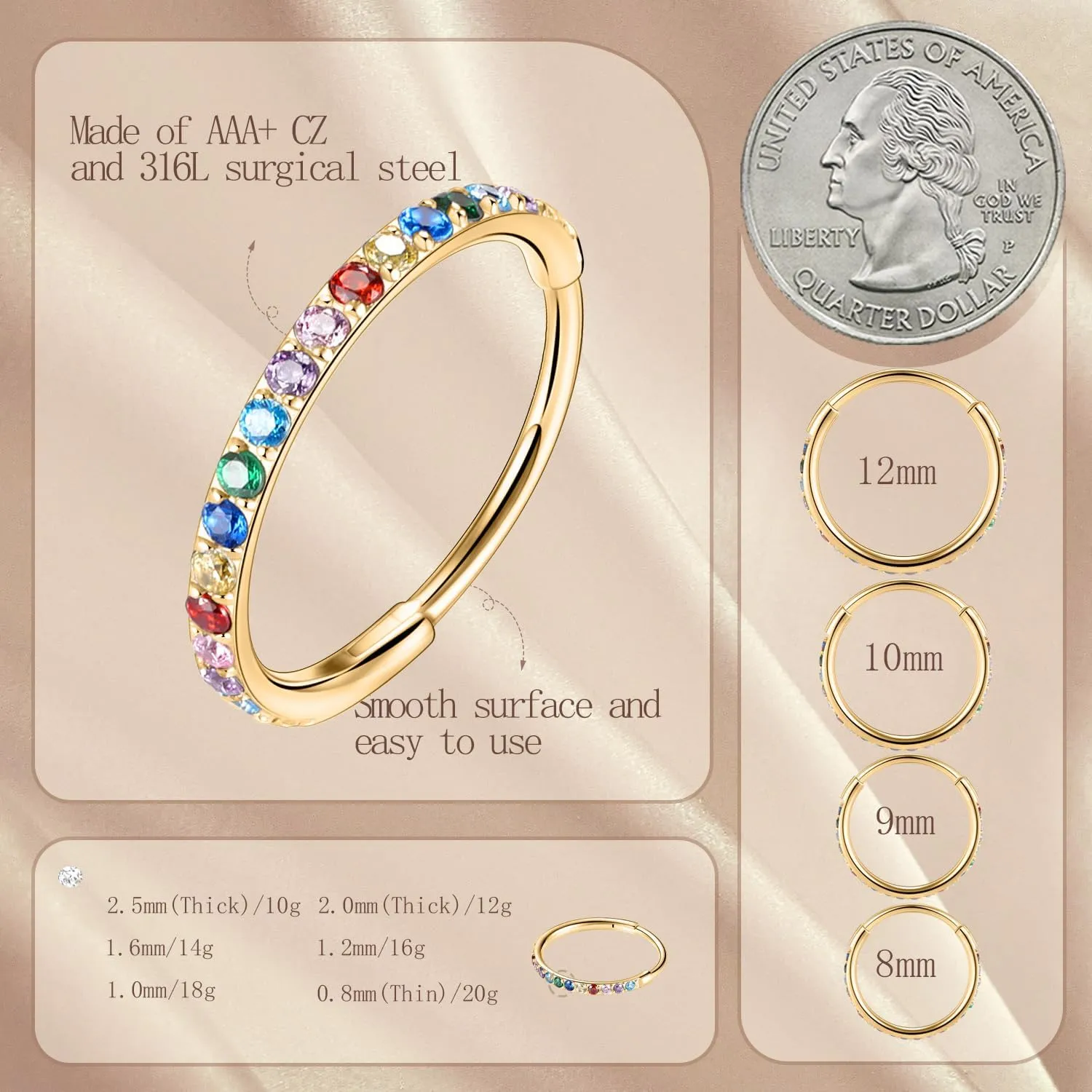 AROWRO CZ Hinged Hoop Ring 20G 18G 16G 5/6/7/8/9/10/12mm Opal Surgical Steel Conch Daith Rook Cartilage Tragus Helix Earrings Septum Clicker Ring Nose Piercing Jewelry