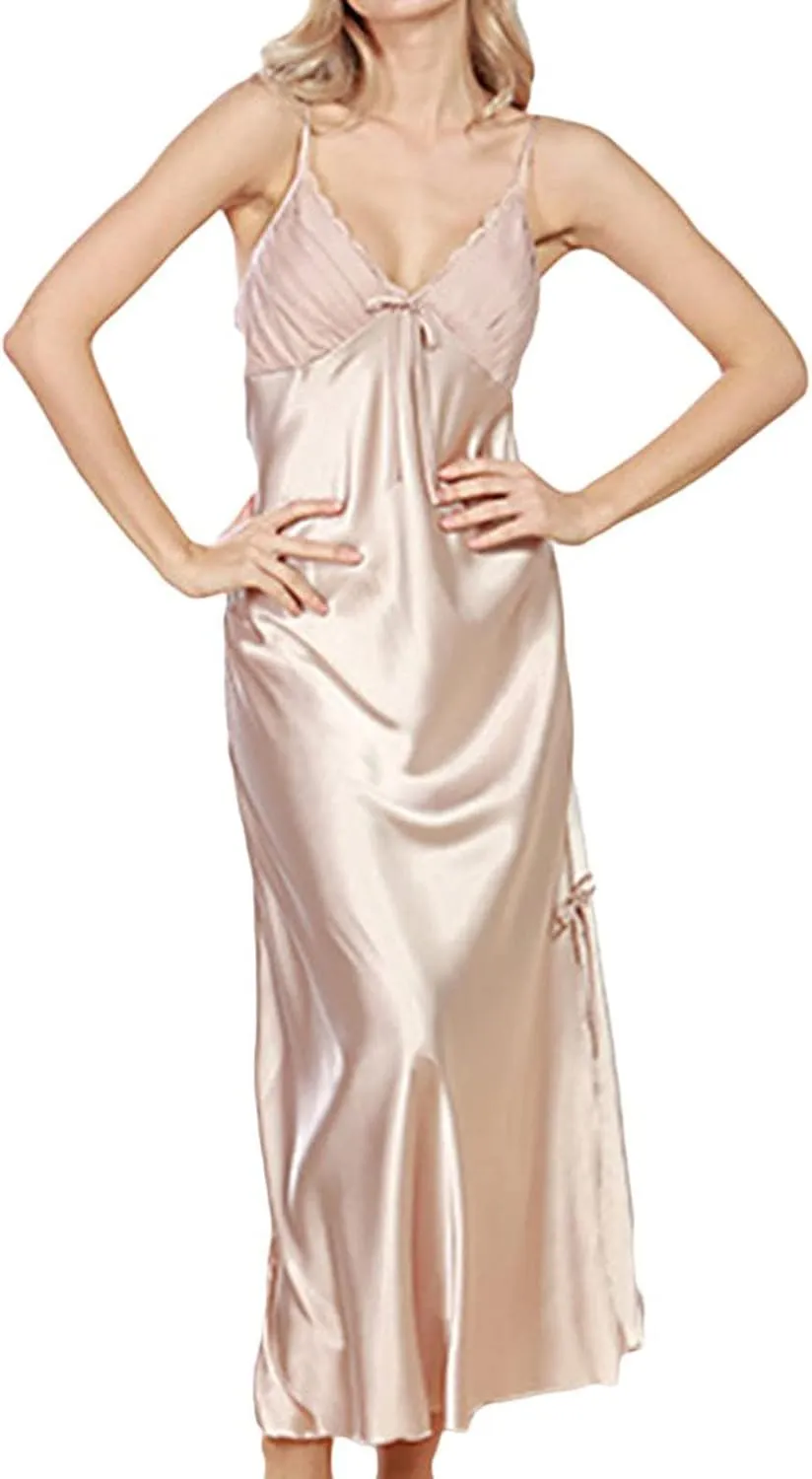 ASHER FASHION Women's Sexy Satin Long Nightgown Lace Slip Lingerie Chemise Robes