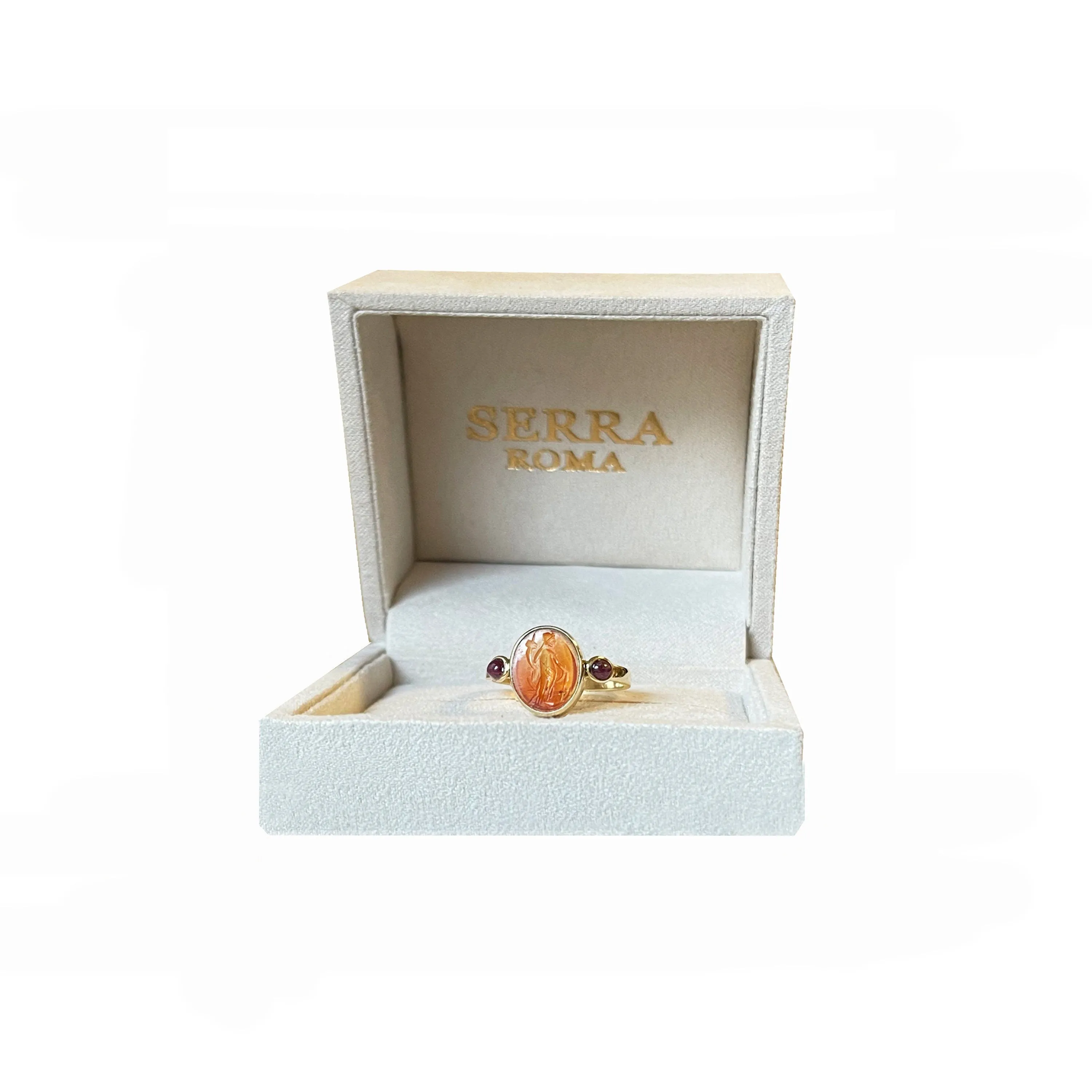 Authentic Roman Carnelian Intaglio 18Kt Gold Ring with Rubies depicting Fortuna Tyche