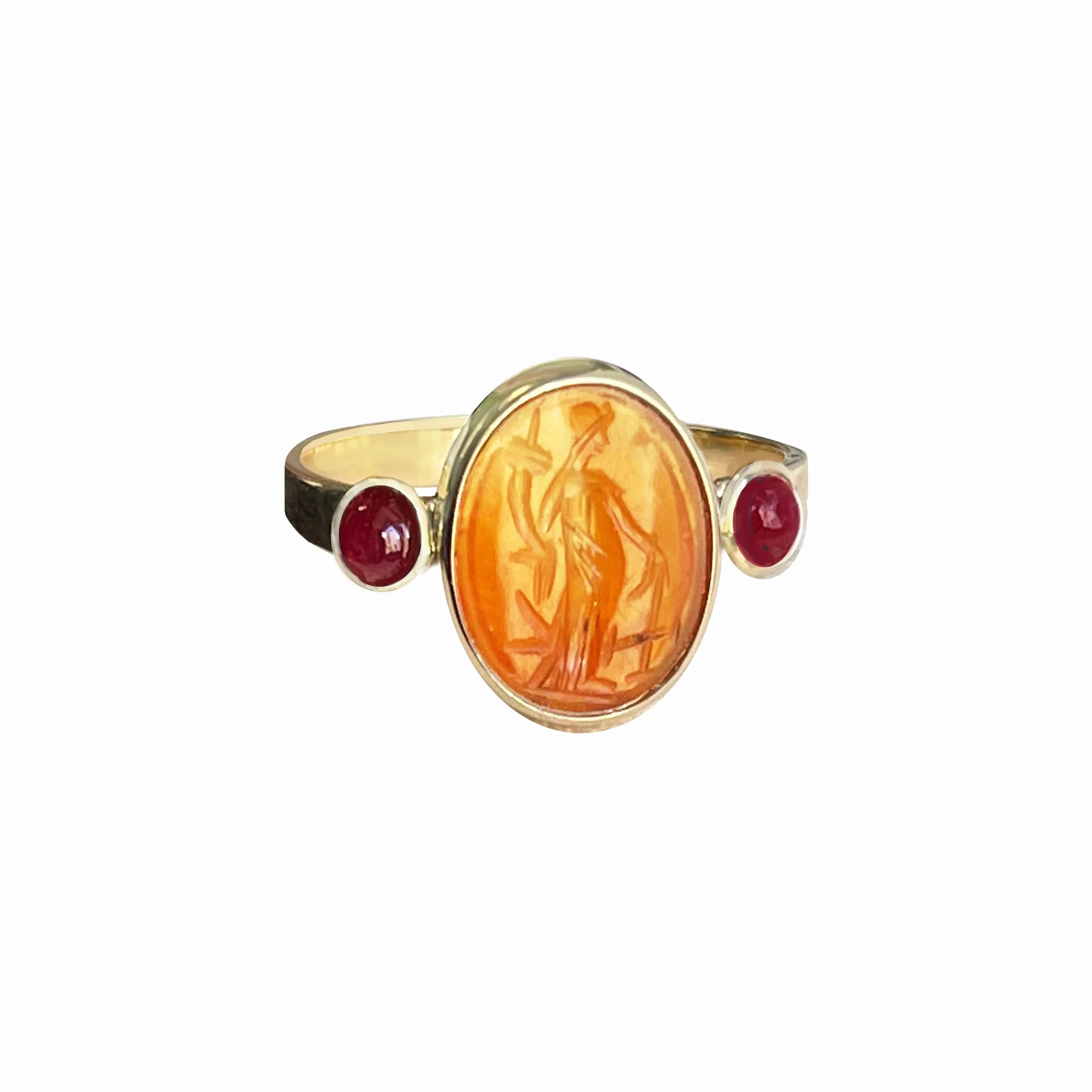 Authentic Roman Carnelian Intaglio 18Kt Gold Ring with Rubies depicting Fortuna Tyche