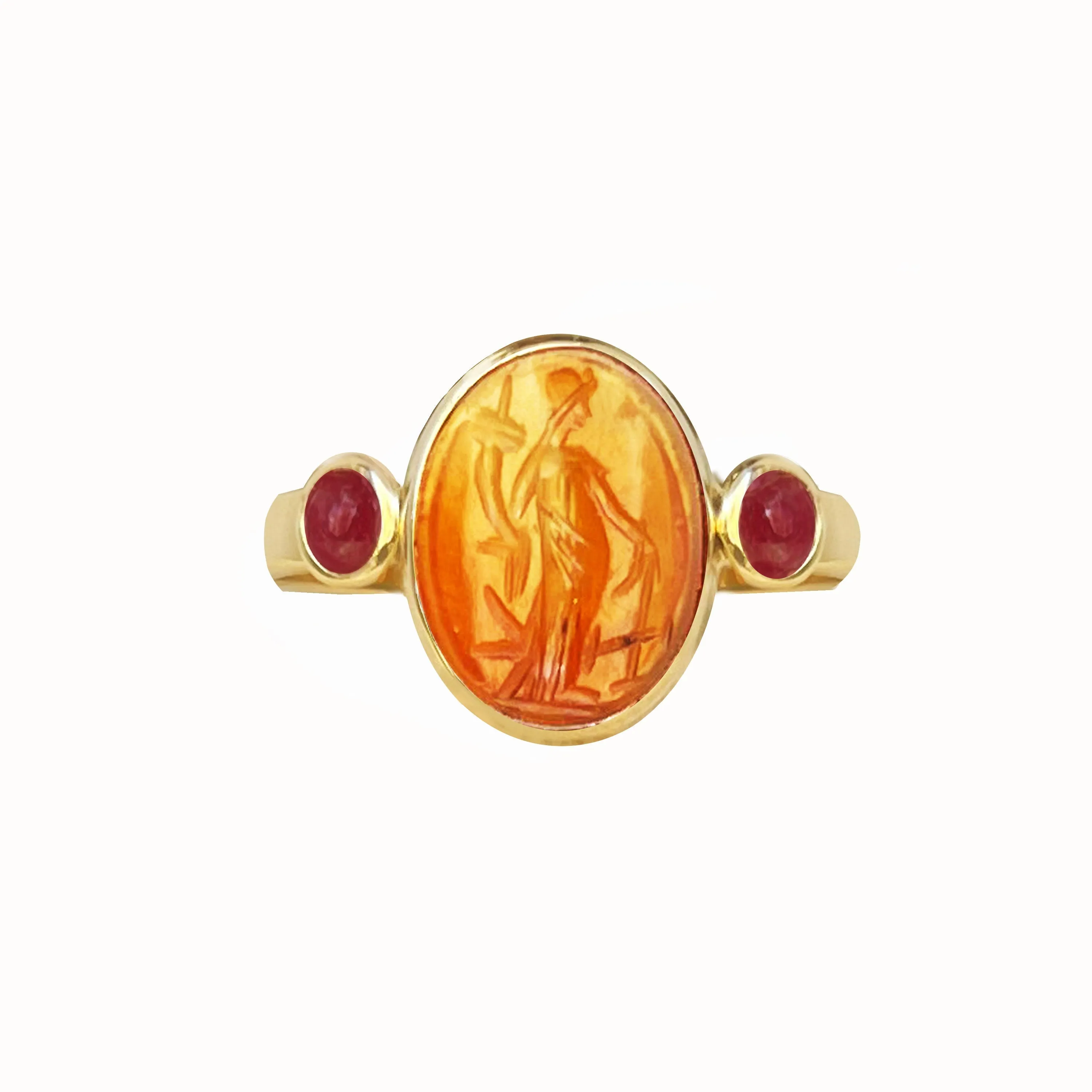 Authentic Roman Carnelian Intaglio 18Kt Gold Ring with Rubies depicting Fortuna Tyche