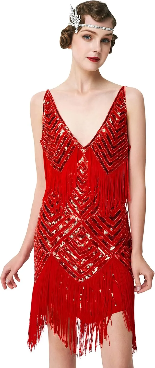 BABEYOND Women's 1920s Flapper Dress V Neck Slip Dress Roaring 20s Great Gatsby Dress for Party