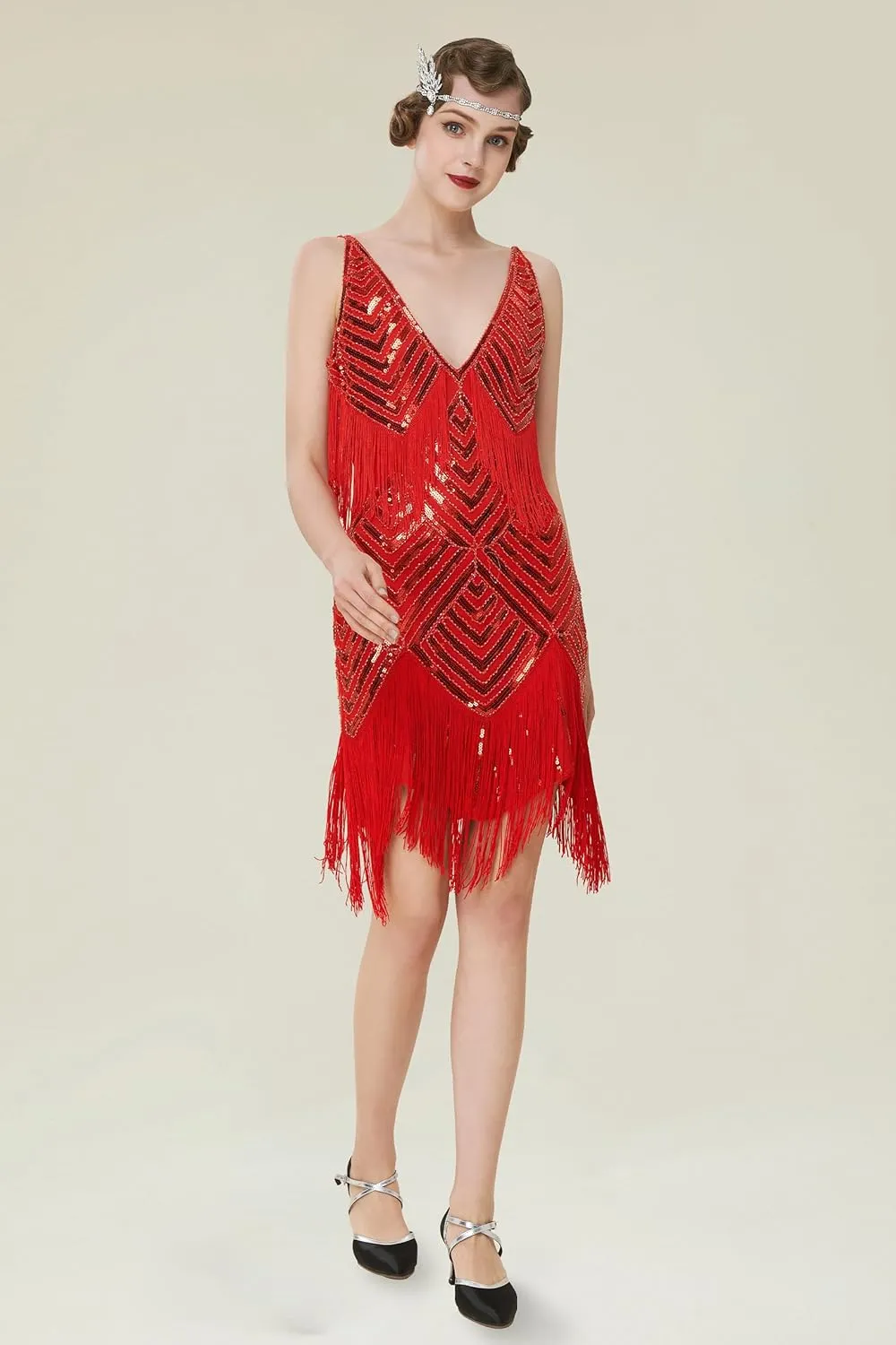 BABEYOND Women's 1920s Flapper Dress V Neck Slip Dress Roaring 20s Great Gatsby Dress for Party