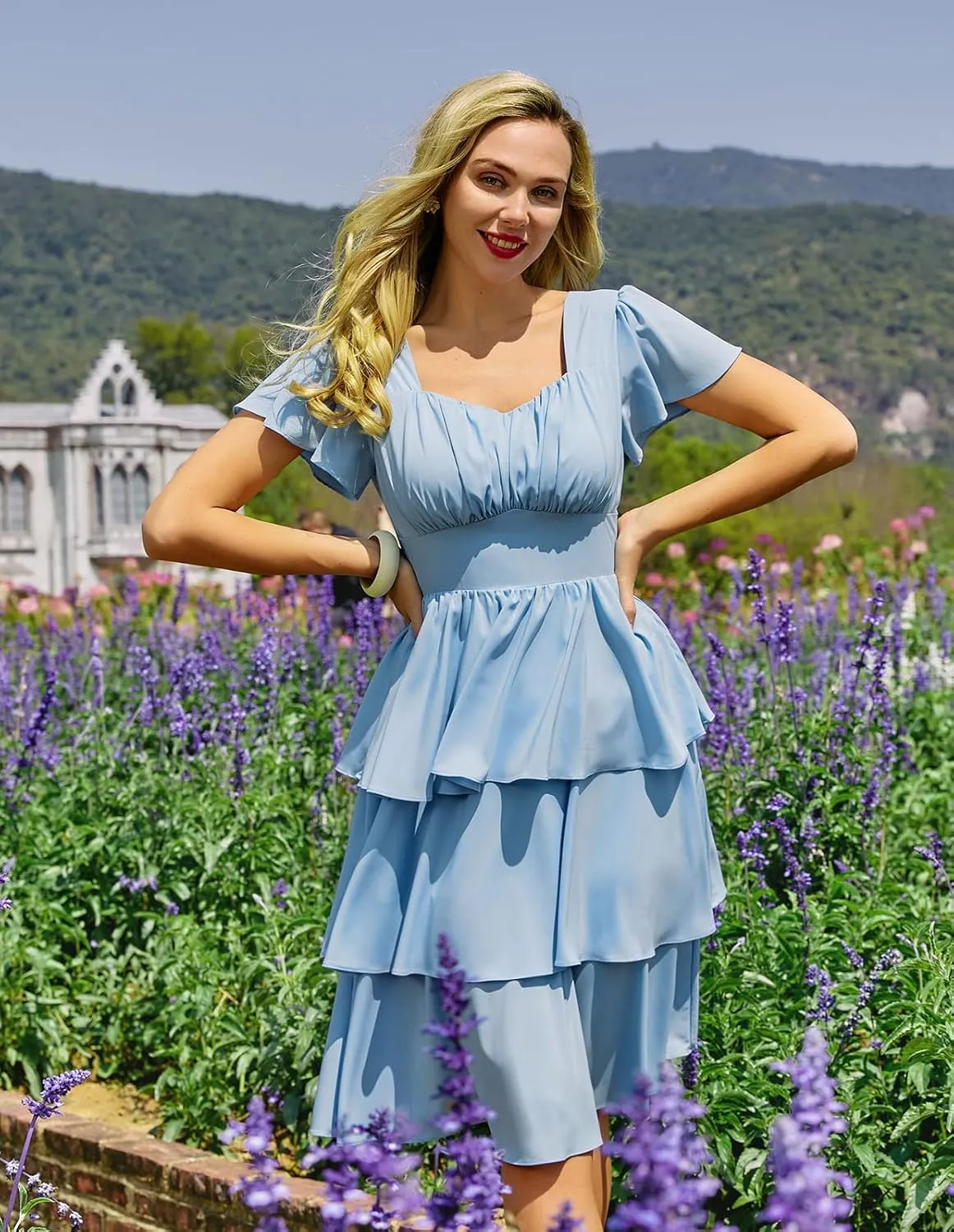 Belle Poque Women's Square Neck Tiered Ruffle Dress 2025 Summer Vintage Short Sleeve Layered A-line Swing Midi Dress