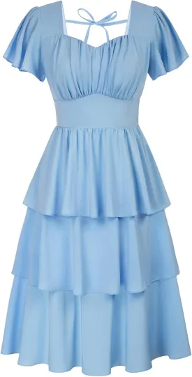 Belle Poque Women's Square Neck Tiered Ruffle Dress 2025 Summer Vintage Short Sleeve Layered A-line Swing Midi Dress