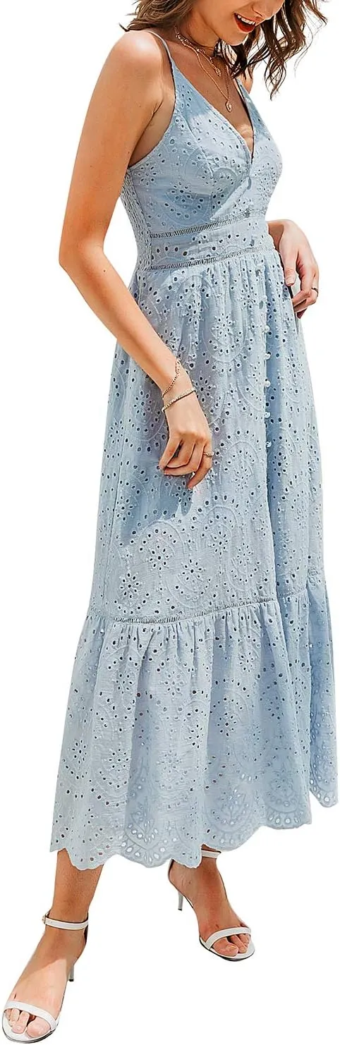 BerryGo Women's Embroidery Pearl Button Down Dress V Neck Spaghetti Strap Maxi Dress