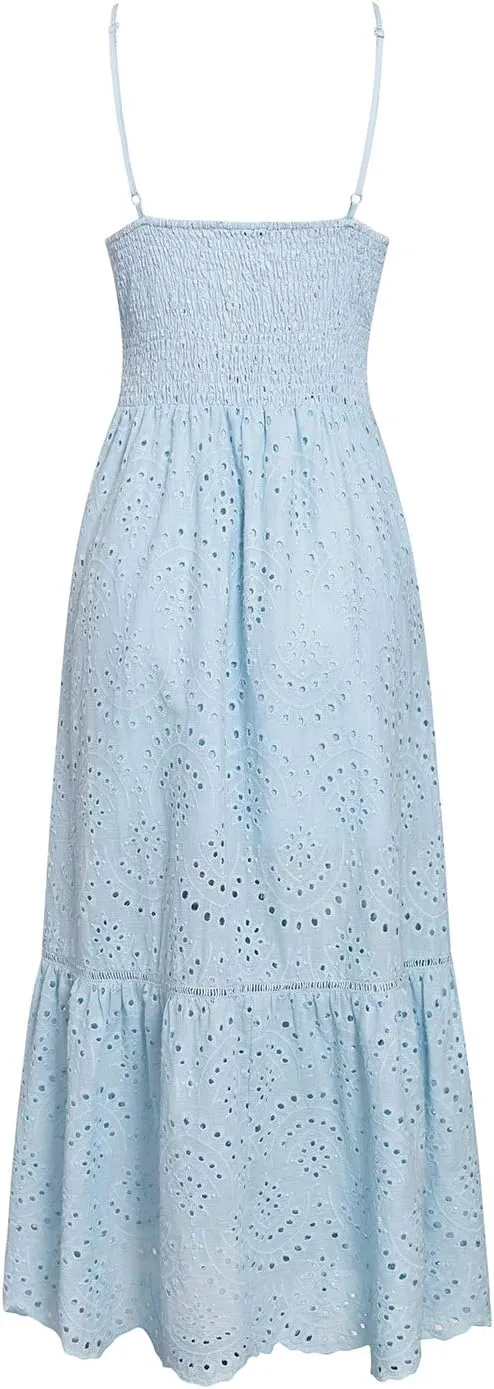 BerryGo Women's Embroidery Pearl Button Down Dress V Neck Spaghetti Strap Maxi Dress