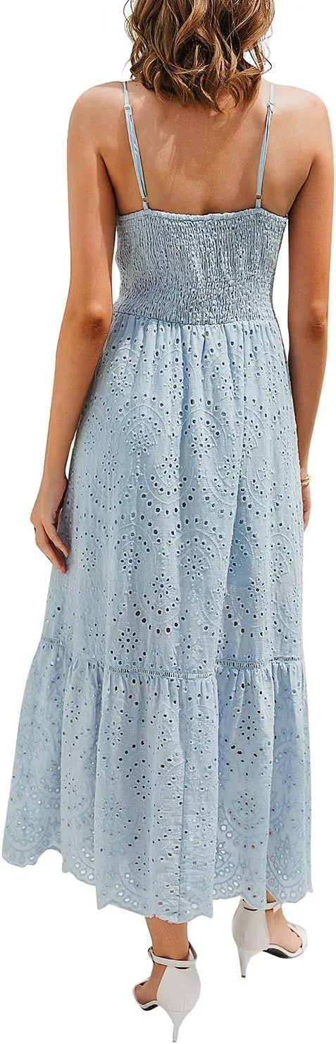 BerryGo Women's Embroidery Pearl Button Down Dress V Neck Spaghetti Strap Maxi Dress