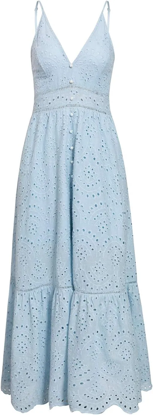 BerryGo Women's Embroidery Pearl Button Down Dress V Neck Spaghetti Strap Maxi Dress