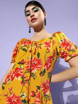 Berrylush Women Bright Yellow Floral Printed Sweetheart-Neck A-Line Mini Dress