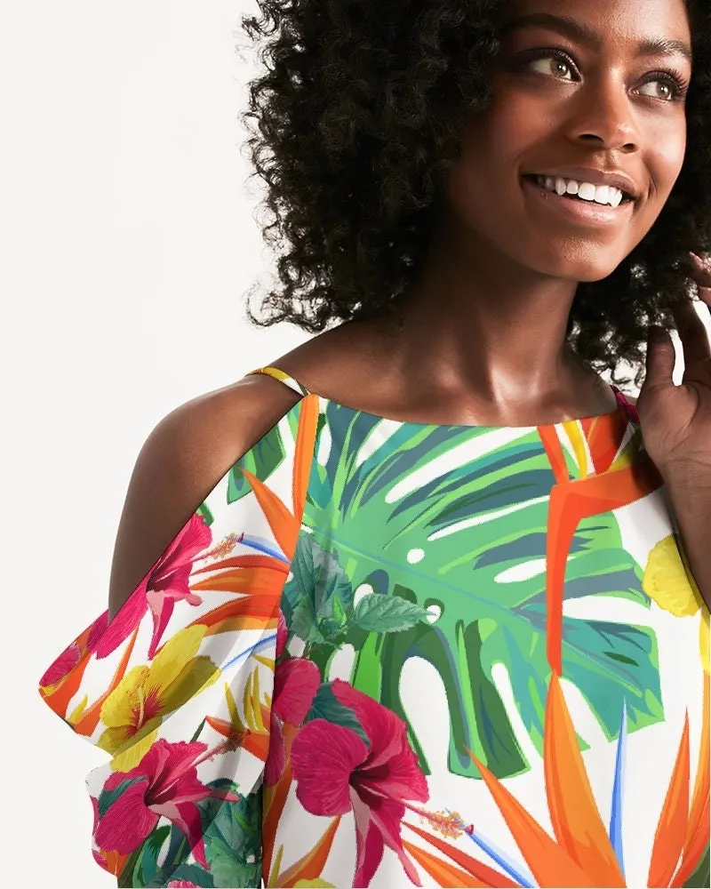 Bird of Paradise Floral Cold Shoulder Dress