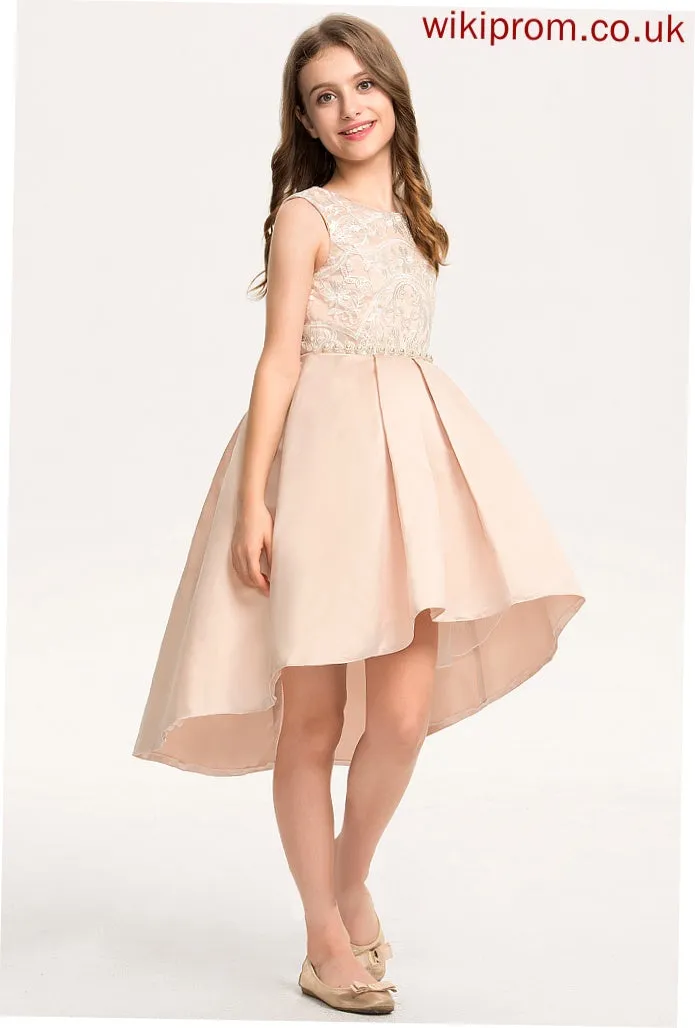 Braelyn Junior Bridesmaid Dresses Lace Asymmetrical Neck Beading Scoop Satin Pockets With A-Line