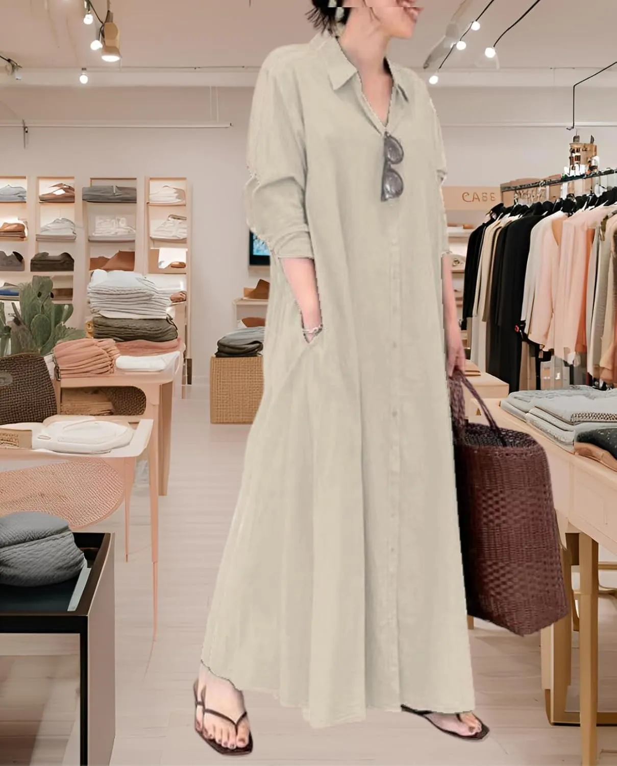 Breathable Button-Up Lapel Shirt Dress for Women-Loose Fit Long Sleeve Elegant Maxi Dress with Pockets Cotton Linen