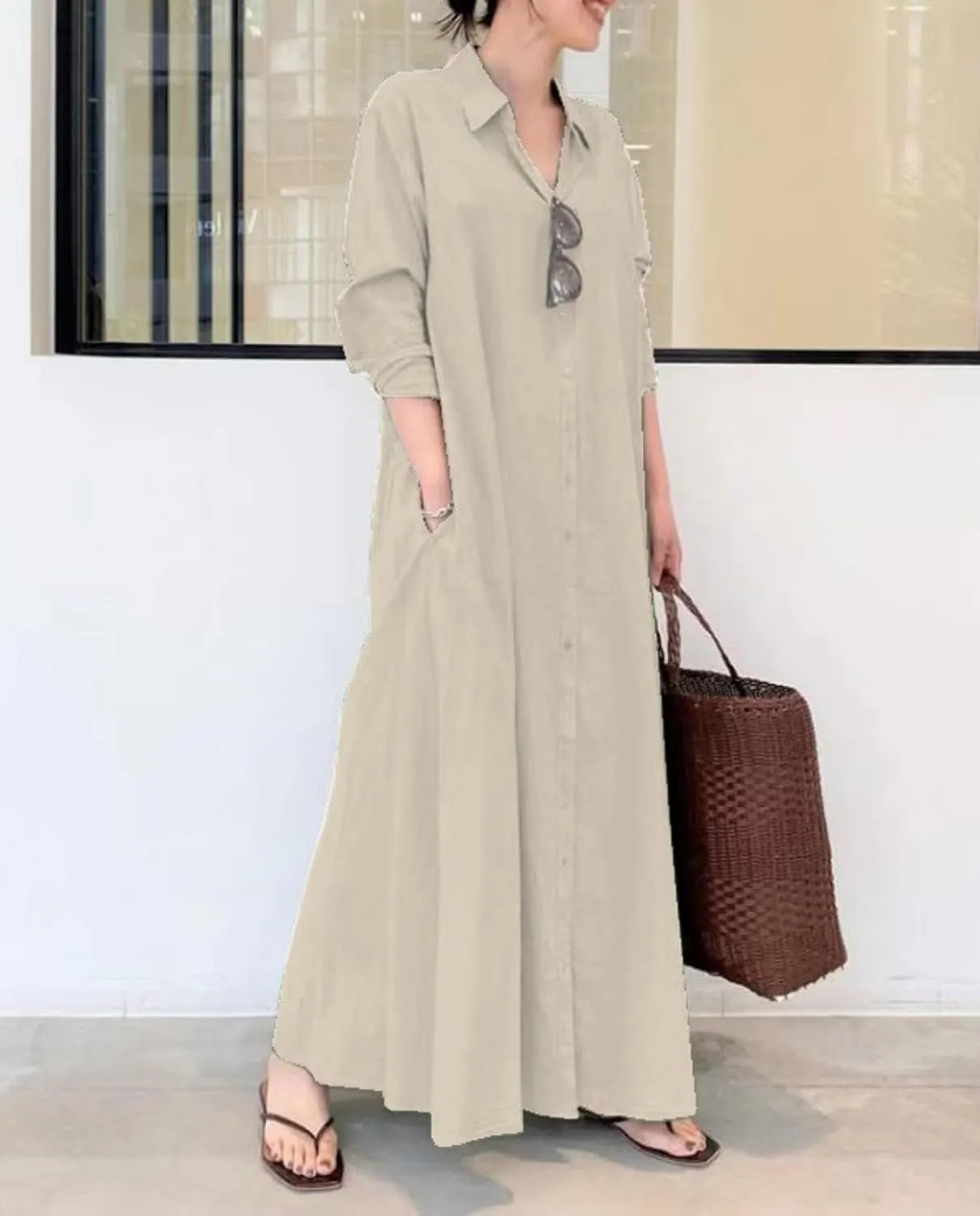 Breathable Button-Up Lapel Shirt Dress for Women-Loose Fit Long Sleeve Elegant Maxi Dress with Pockets Cotton Linen