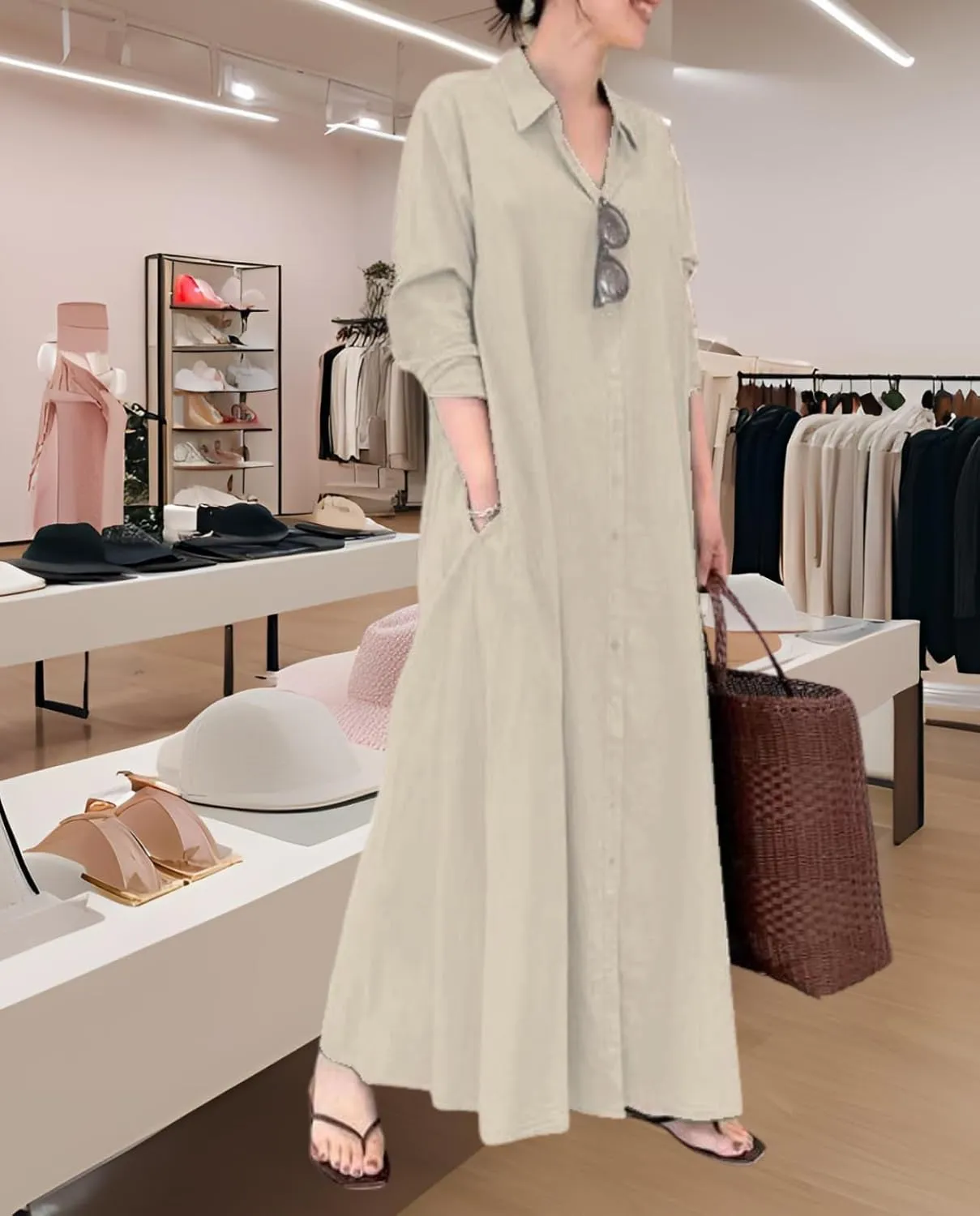 Breathable Button-Up Lapel Shirt Dress for Women-Loose Fit Long Sleeve Elegant Maxi Dress with Pockets Cotton Linen