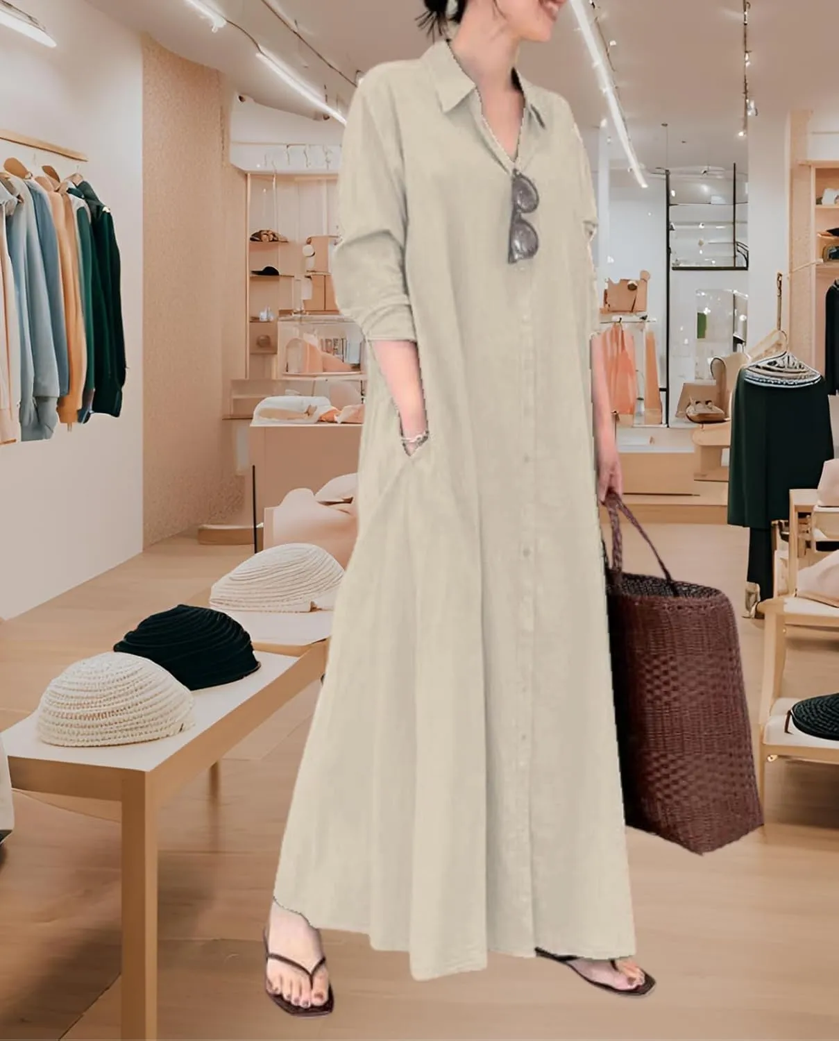 Breathable Button-Up Lapel Shirt Dress for Women-Loose Fit Long Sleeve Elegant Maxi Dress with Pockets Cotton Linen