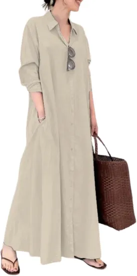 Breathable Button-Up Lapel Shirt Dress for Women-Loose Fit Long Sleeve Elegant Maxi Dress with Pockets Cotton Linen