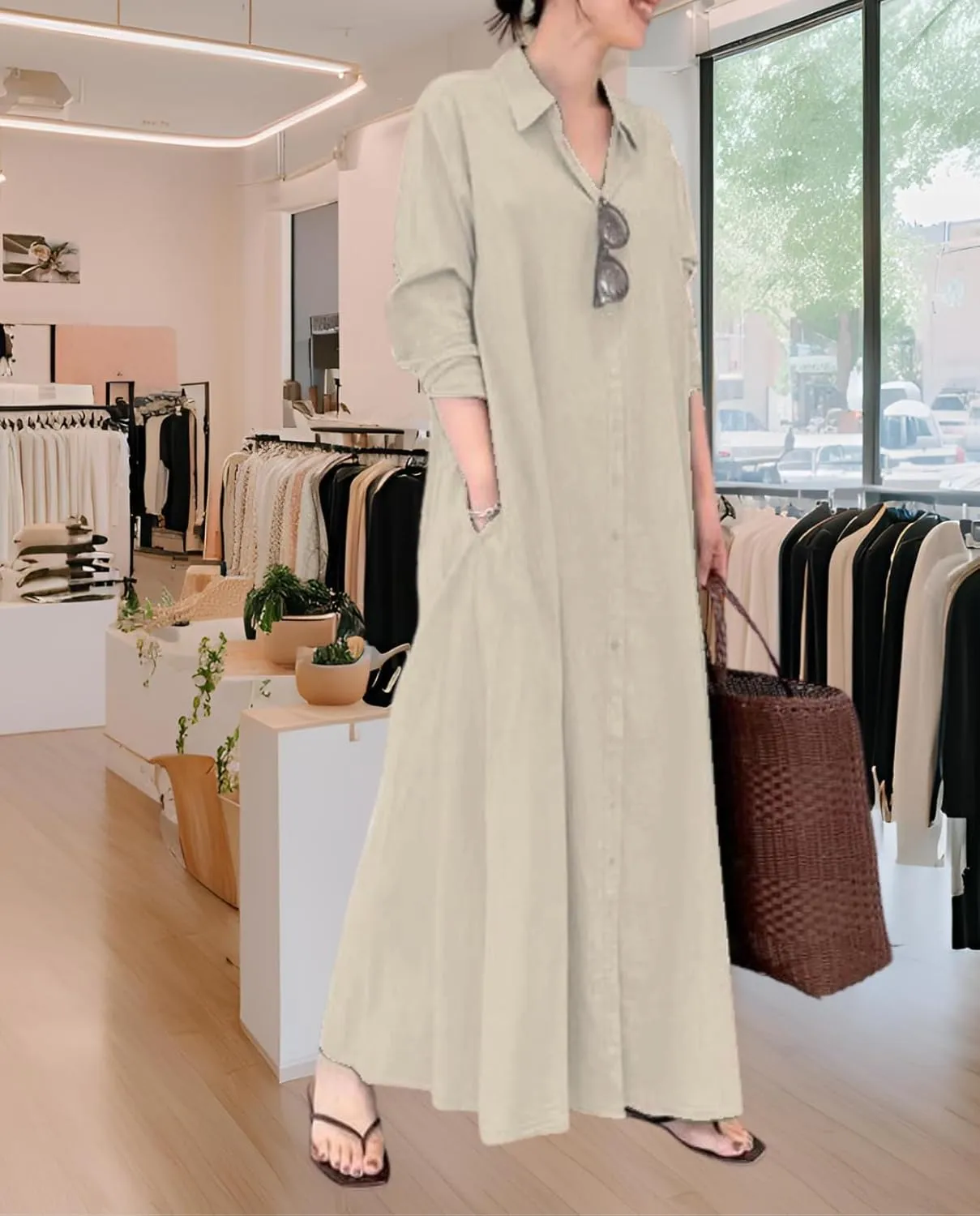 Breathable Button-Up Lapel Shirt Dress for Women-Loose Fit Long Sleeve Elegant Maxi Dress with Pockets Cotton Linen