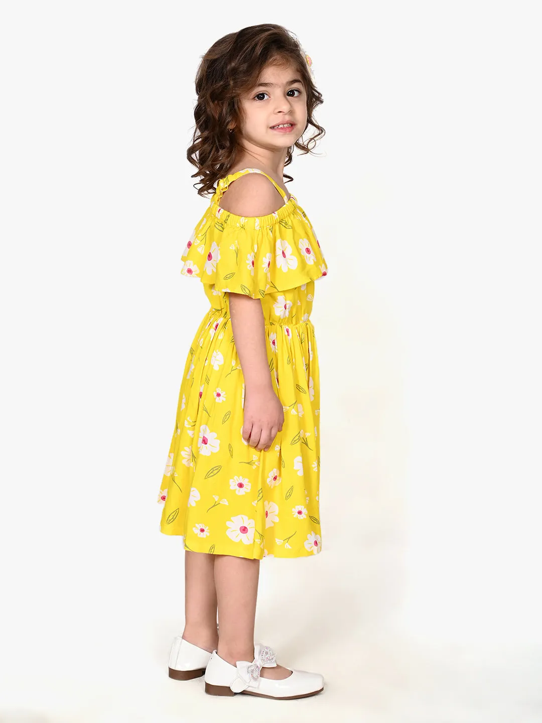 Bright Yellow Off Shoulder Flared Dress