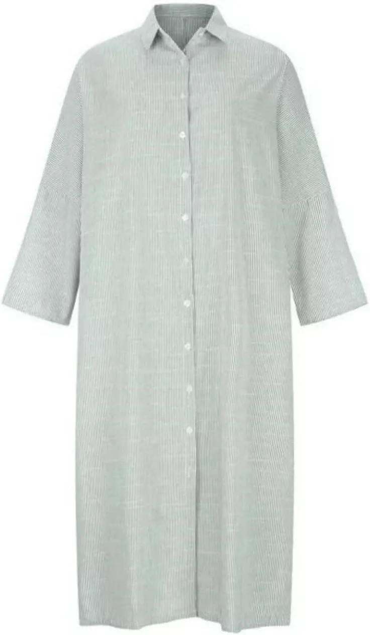 Button Down Shirt Dress for Womens Cotton Linen Long Sleeve Maxi Dress Striped Casual Loose Fit Dress with Pockets