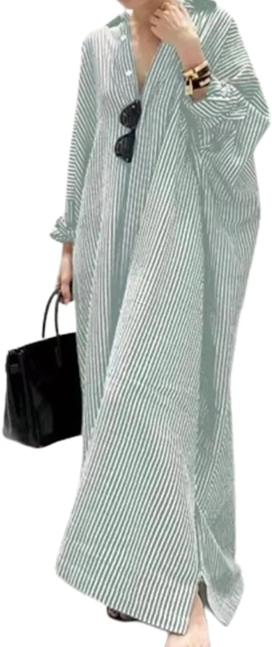 Button Down Shirt Dress for Womens Cotton Linen Long Sleeve Maxi Dress Striped Casual Loose Fit Dress with Pockets