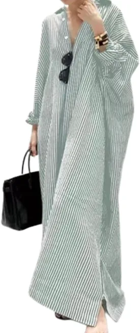 Button Down Shirt Dress for Womens Cotton Linen Long Sleeve Maxi Dress Striped Casual Loose Fit Dress with Pockets