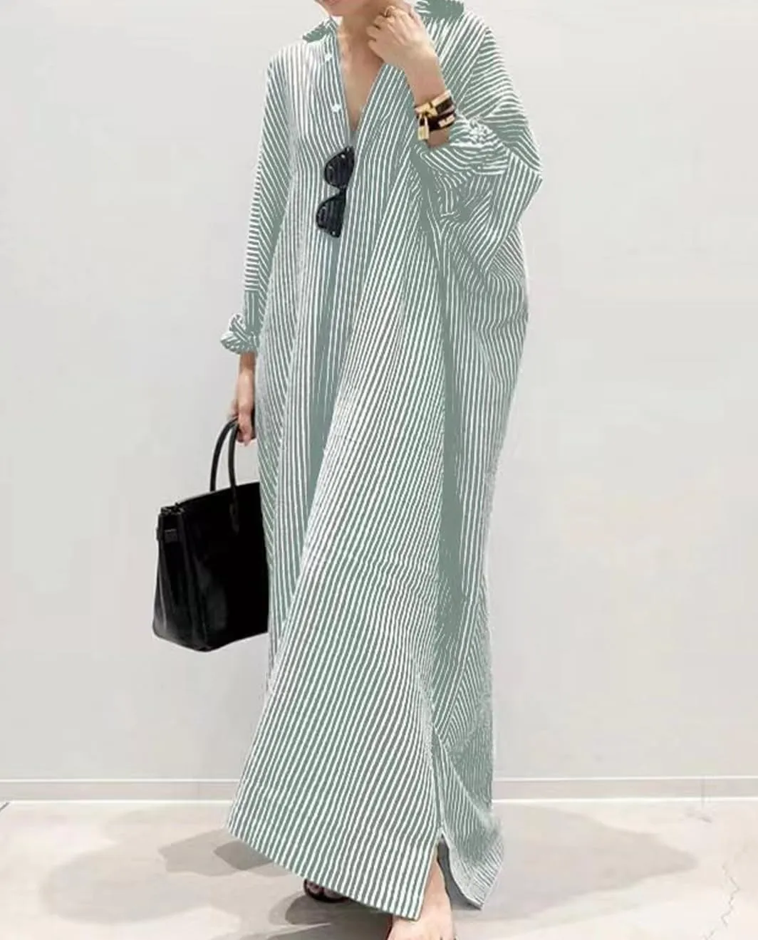 Button Down Shirt Dress for Womens Cotton Linen Long Sleeve Maxi Dress Striped Casual Loose Fit Dress with Pockets
