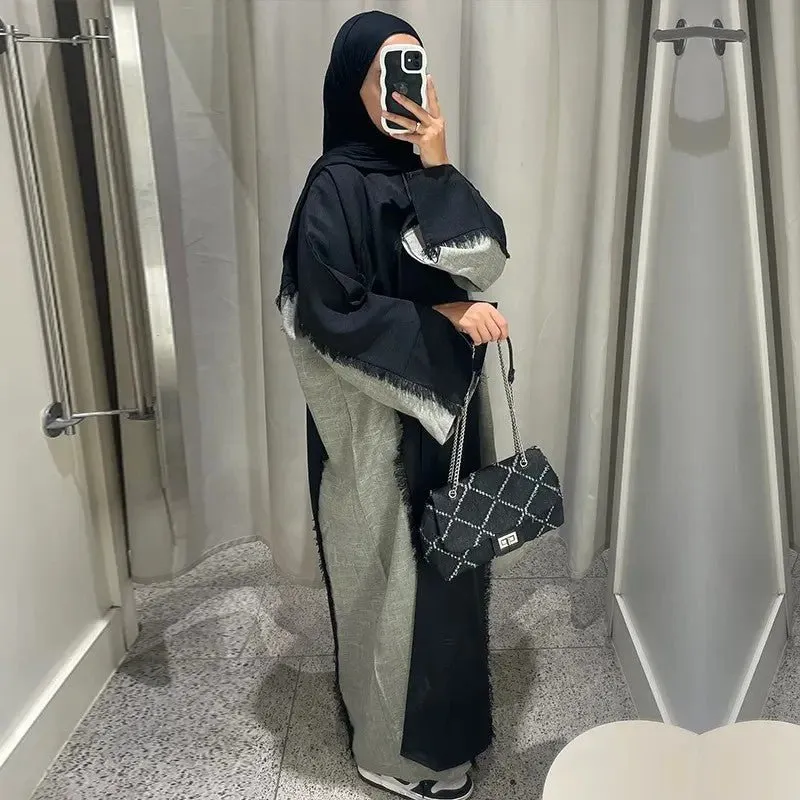 Casual Two Toned Patchwork Frayed Abaya (MA114)