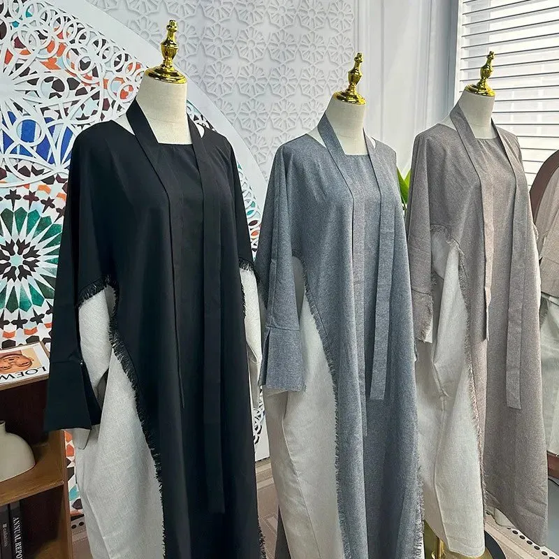 Casual Two Toned Patchwork Frayed Abaya (MA114)