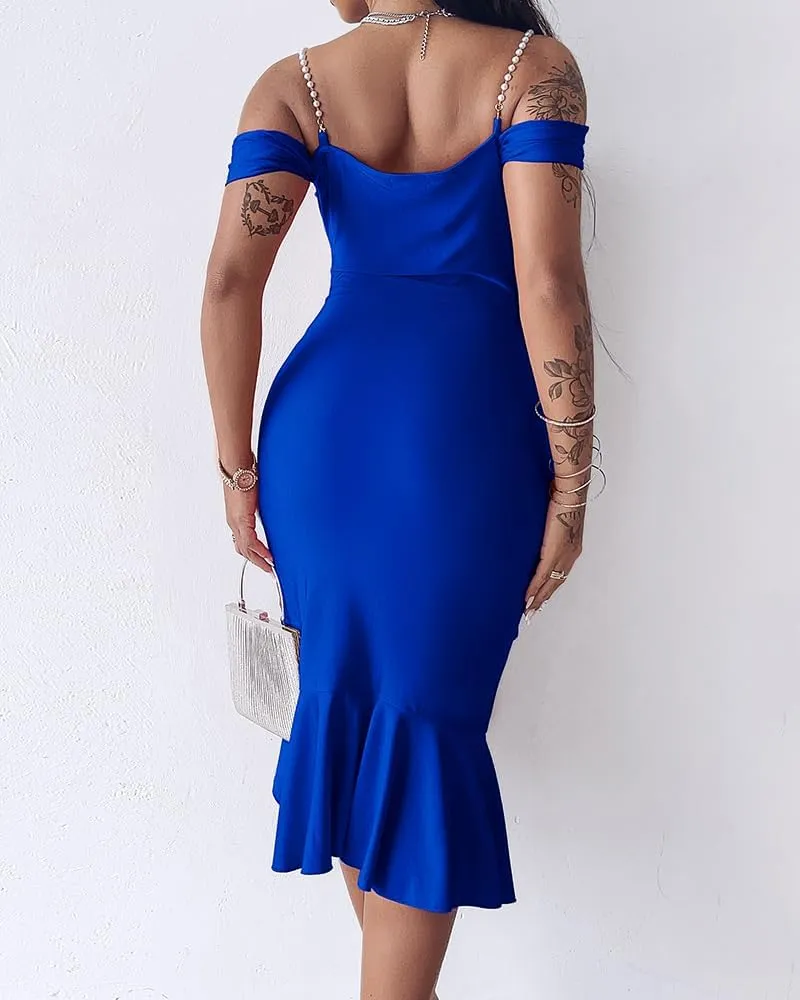 CHICME Womens Sexy Bodycon Party Dress Off The Shoulder Pearls Strap Midi Dress Ruffle Hem Cocktail Dresses