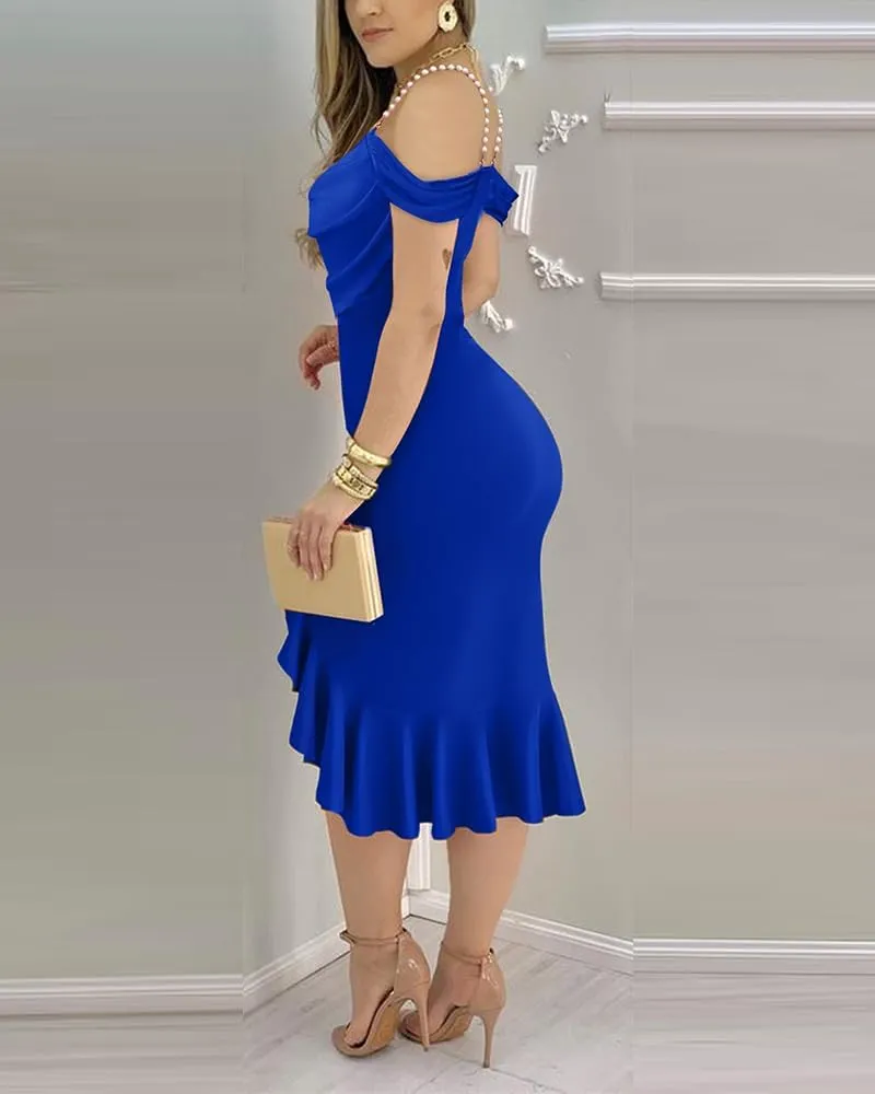 CHICME Womens Sexy Bodycon Party Dress Off The Shoulder Pearls Strap Midi Dress Ruffle Hem Cocktail Dresses