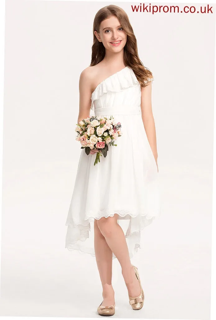 Chiffon One-Shoulder Junior Bridesmaid Dresses With Asymmetrical Rowan Bow(s) Lace A-Line