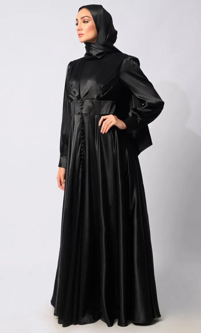 Contemporary Couture: Black Satin Flared Abaya with front Pleating and show Buttons - Final Sale