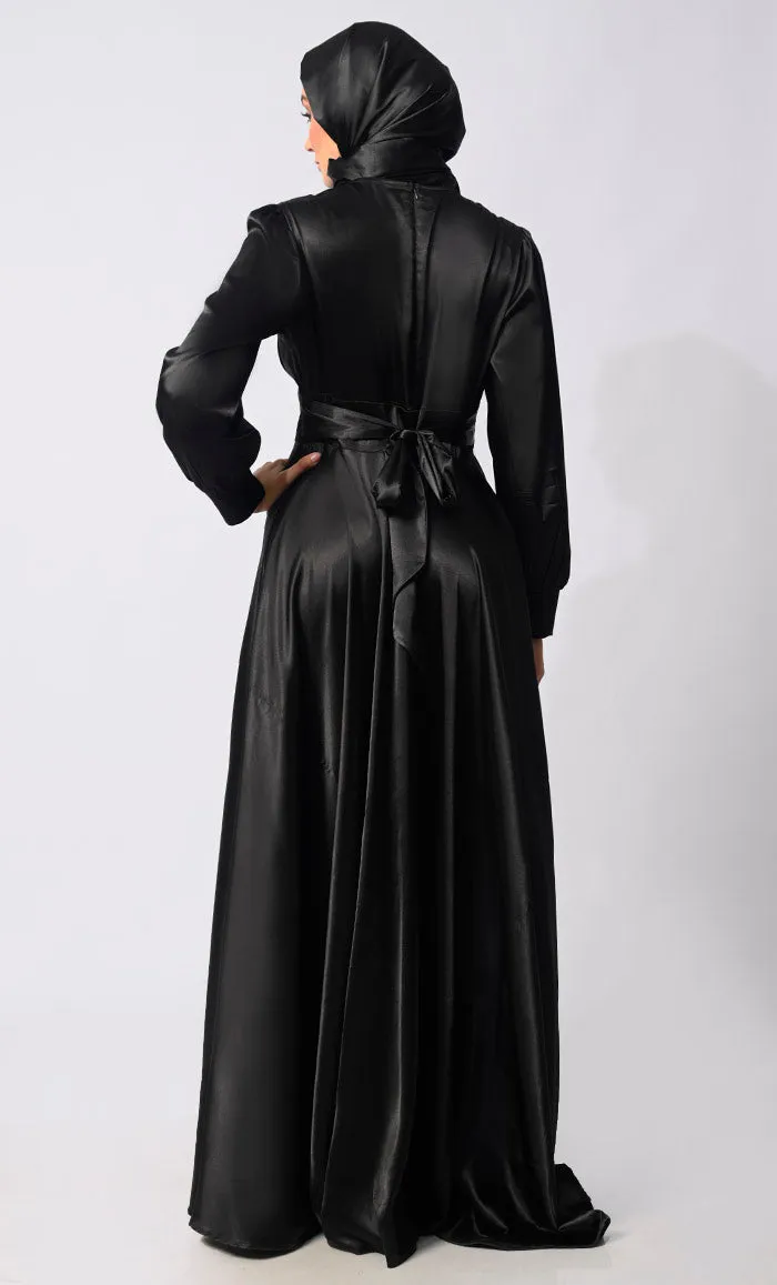 Contemporary Couture: Black Satin Flared Abaya with front Pleating and show Buttons - Final Sale