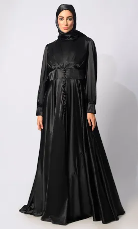Contemporary Couture: Black Satin Flared Abaya with front Pleating and show Buttons - Final Sale